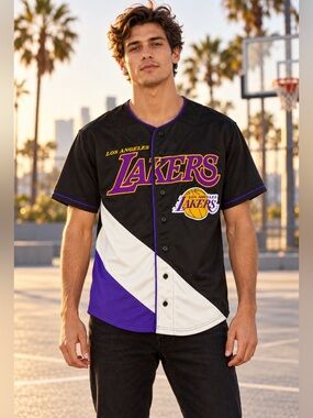 Los Angeles Lakers Jersey Mens Large Black Purple Button Front Embroidered NBA